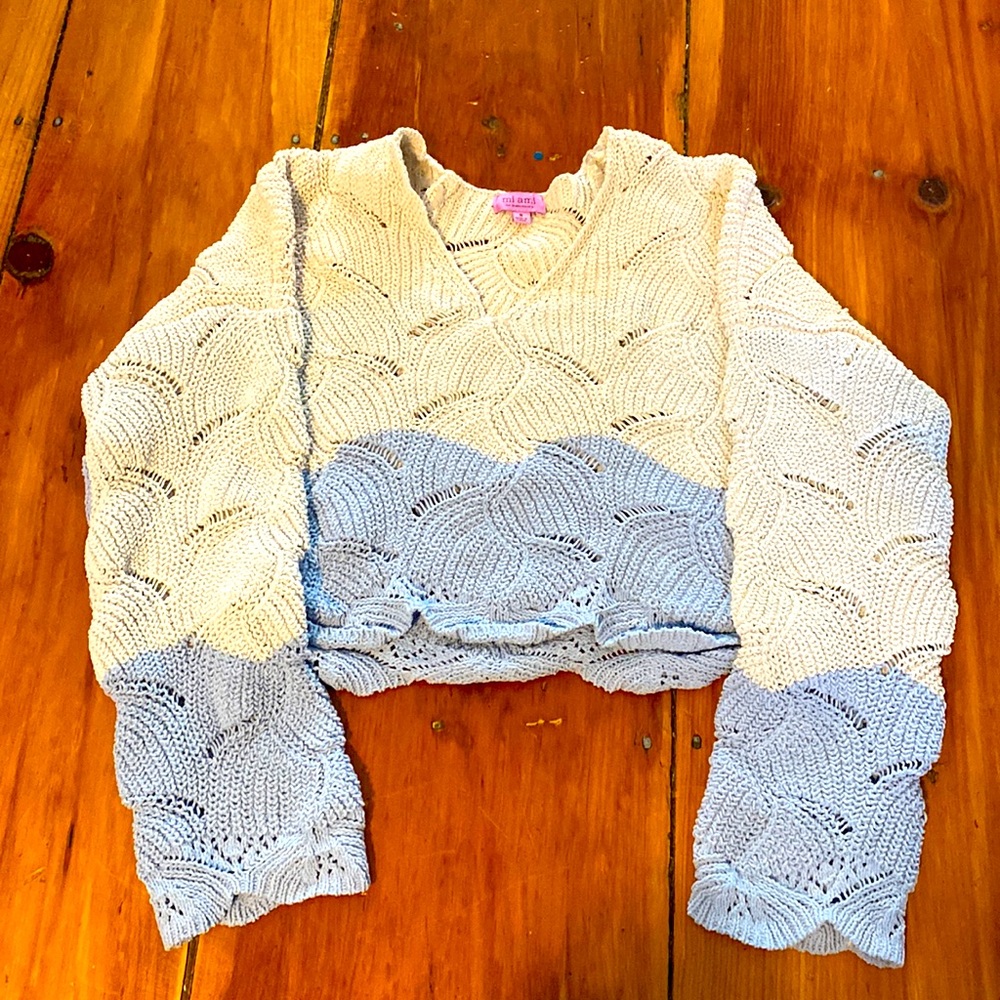 Light blue and tan cropped knitted summer sweater, women’s small
